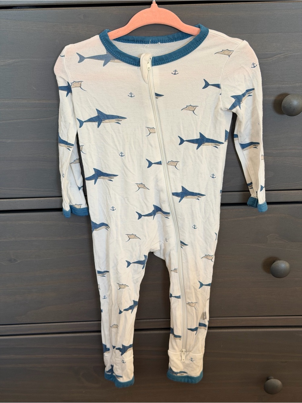 Kyte BABY Shark Print Romper in Cream and Blue